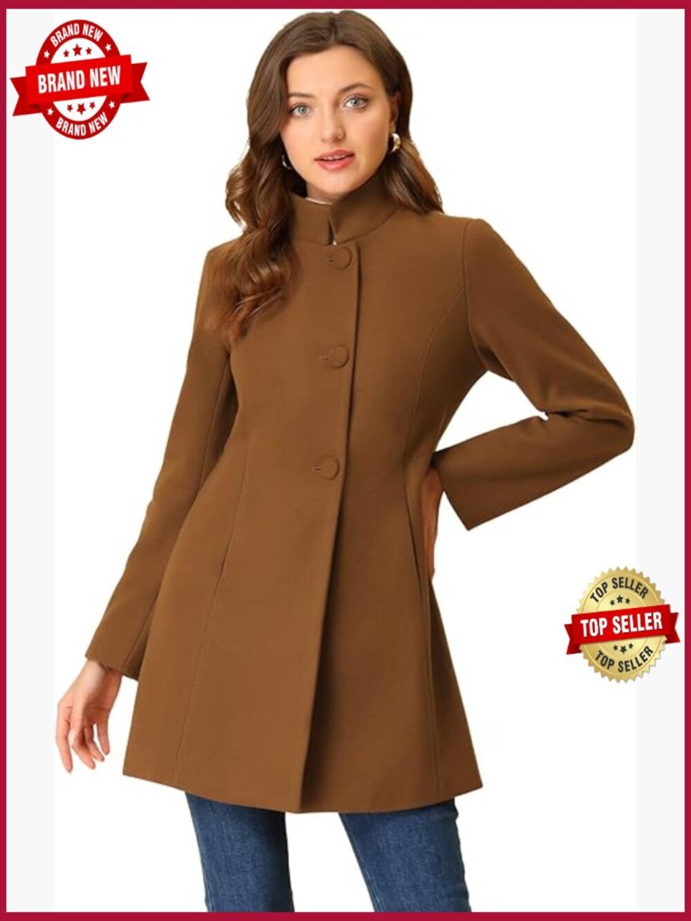 Women's Long Sleeve Stand Collar Single Breasted Overcoat Peacoat